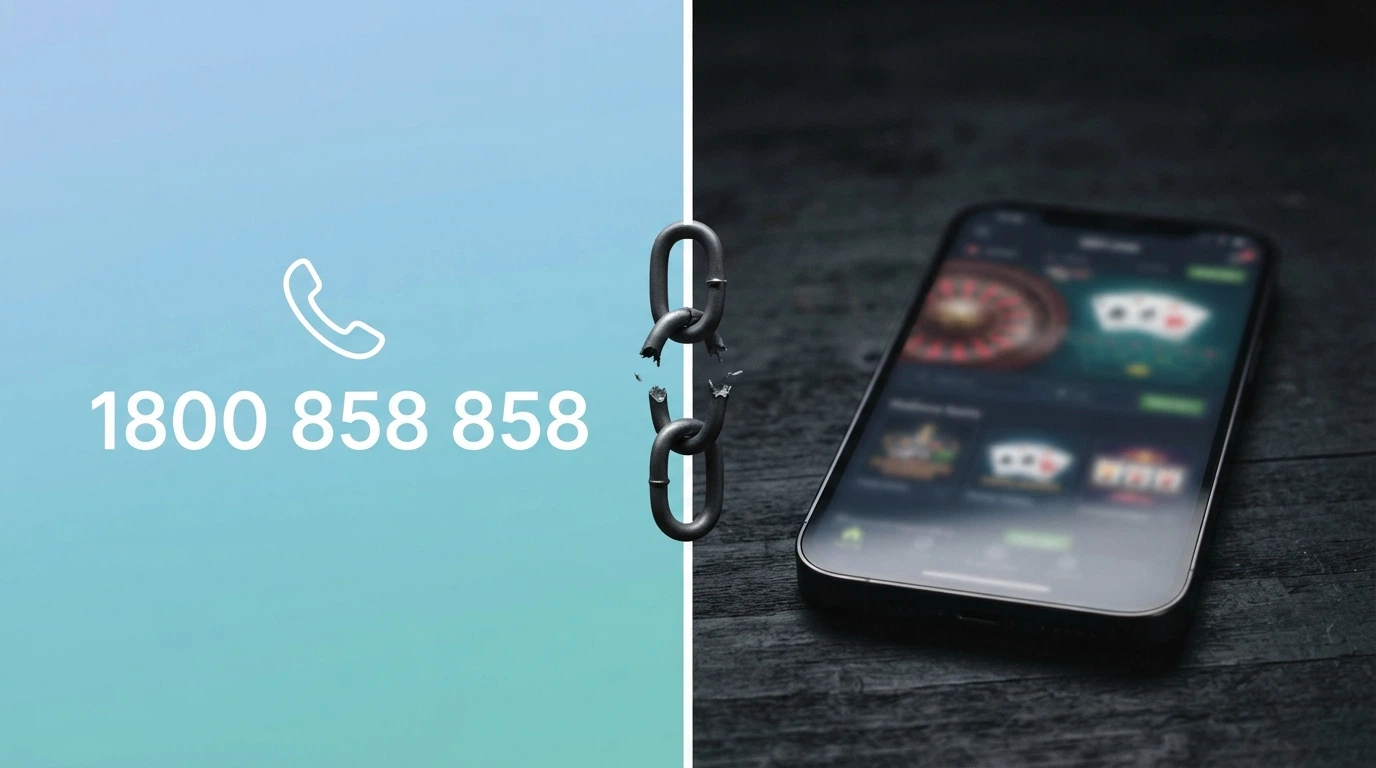 A split composition — the BetStop logo and the 1800 858 858 helpline number on a calm blue background on one side, and a darkened offshore-casino interface on the other, with a broken chain link between them