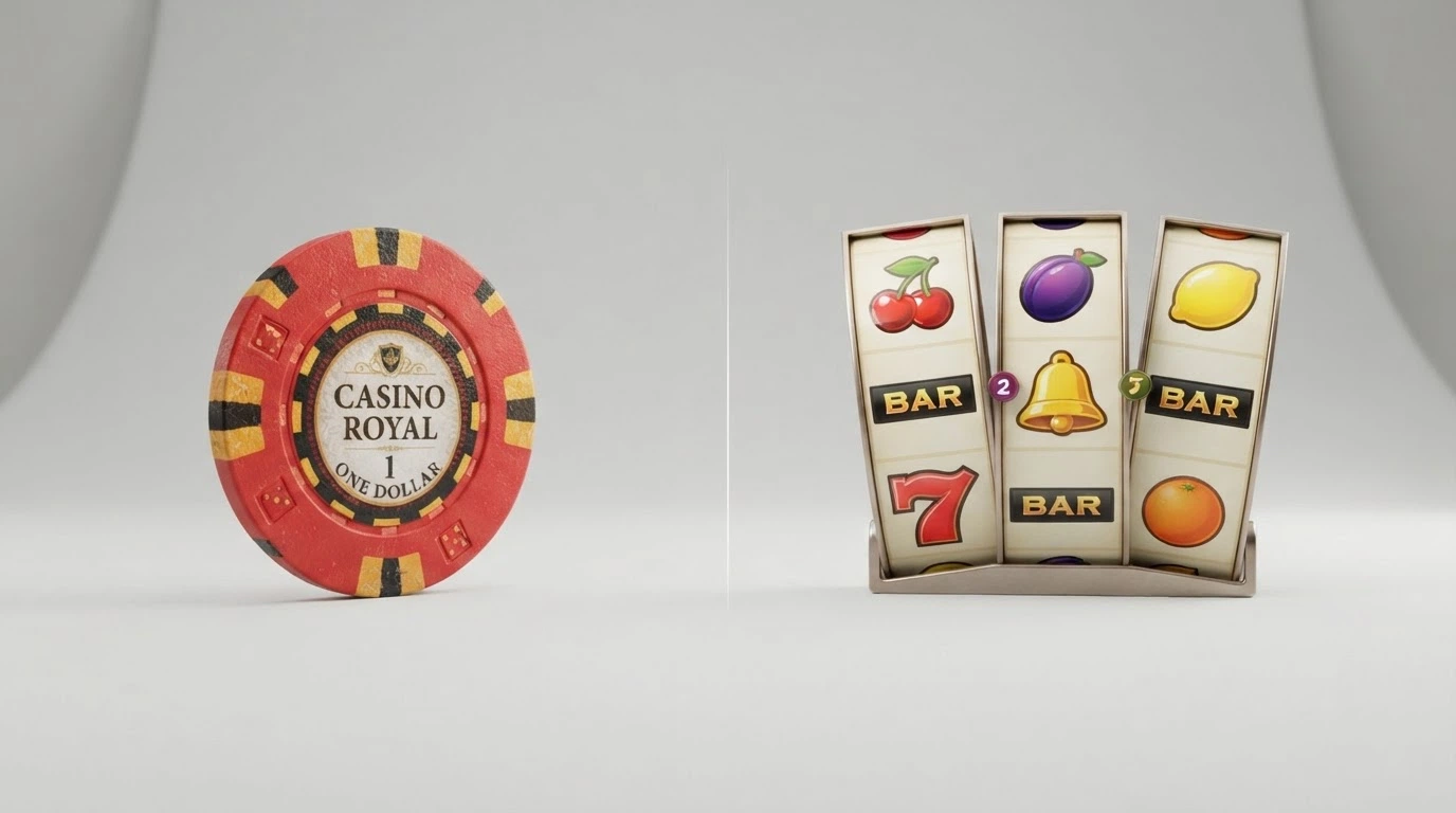 Two side-by-side elements — a casino chip labelled with a dollar figure on the left, and a cluster of pokie-reel icons on the right — with a gap between them labelled by the real terms