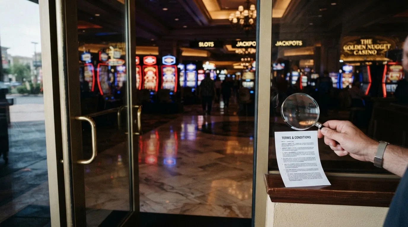 A fresh casino-branded door opening onto a slot lobby, with a magnifying glass over the terms-and-conditions link in the corner