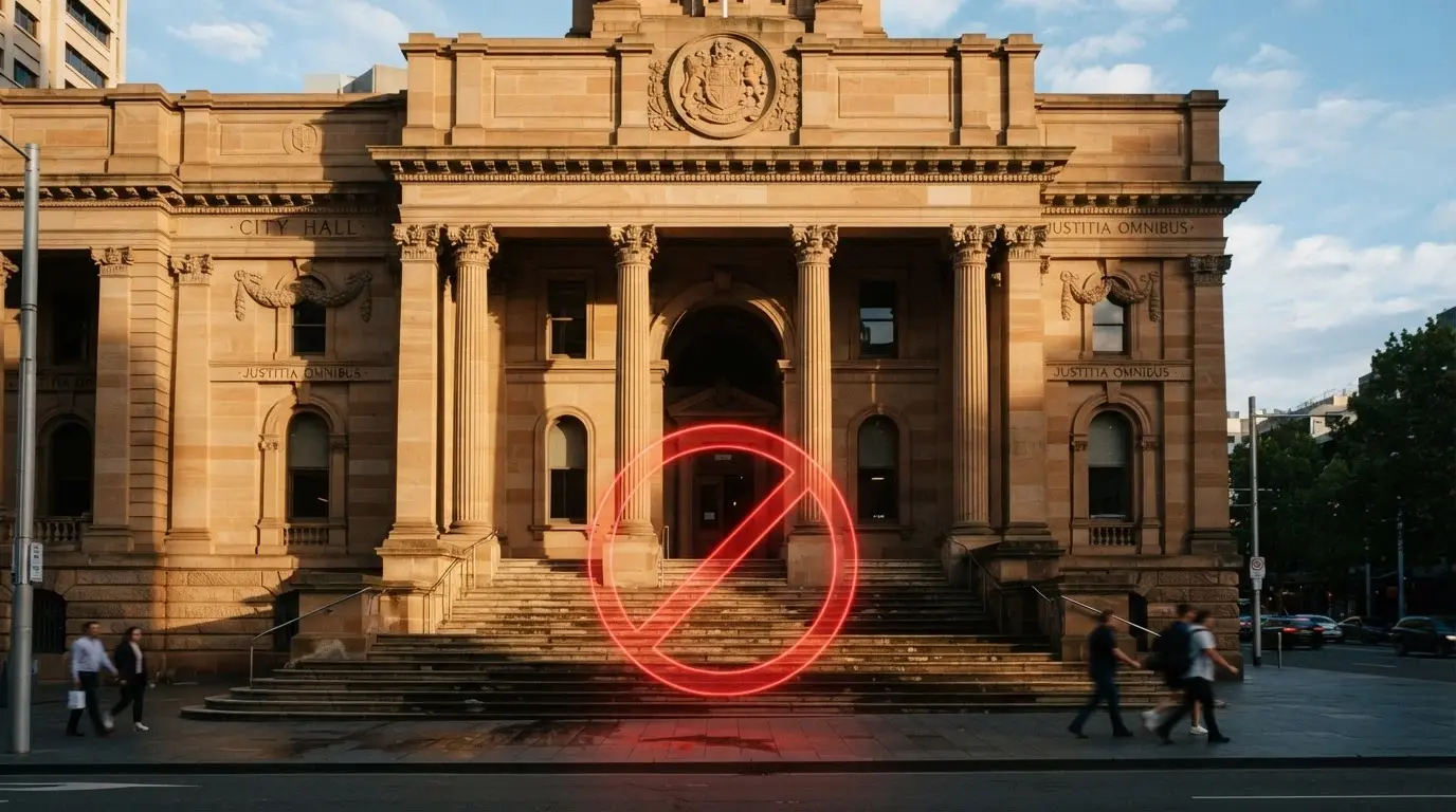 A government-building facade with the ACMA logo, overlaid with a red prohibition symbol and the Interactive Gambling Act 2001 reference
