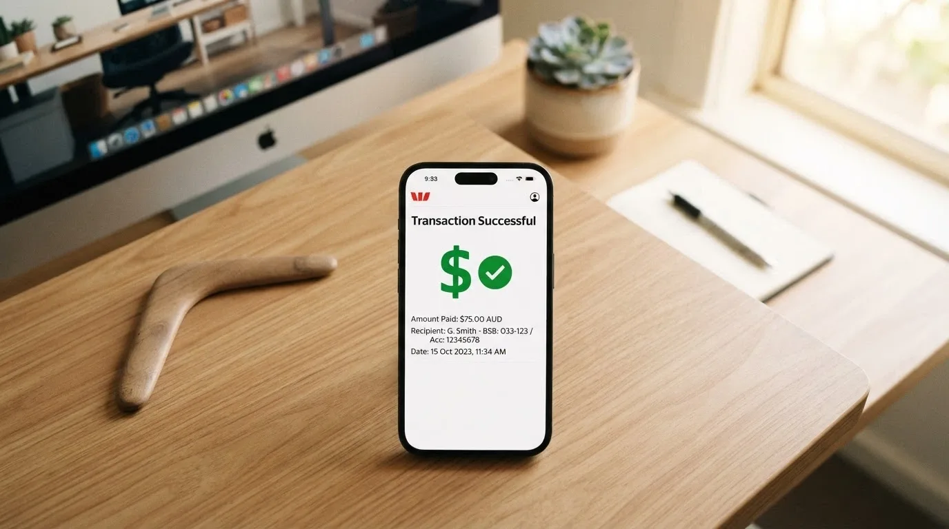 An Australian bank app screen showing an incoming PayID transaction, with a casino logo on the sending side and a timestamp indicating same-day settlement