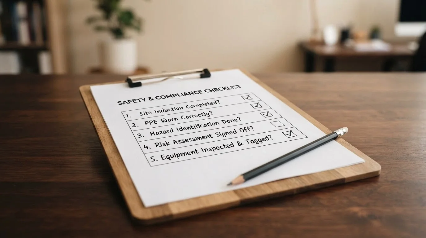 A structured checklist on a clipboard — NDB terms, wagering, withdrawal speed, game catalogue, PayID support — with ticks and crosses against each criterion